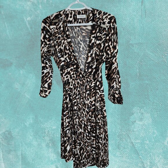 CALVIN KLEIN V-Neck Leopard Print Wrap Dress - Picture 1 of 7
